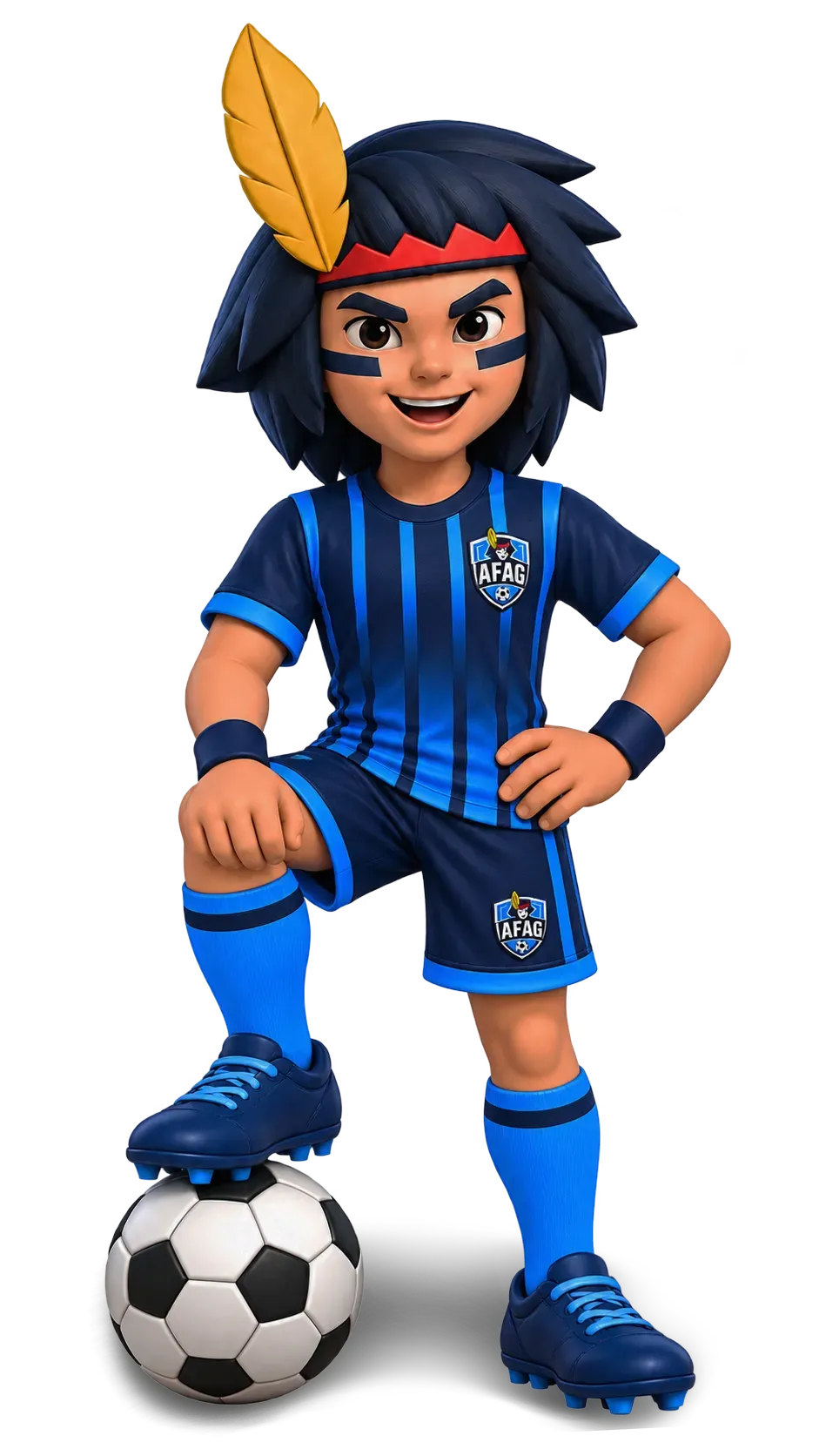 Mascota de AFAG: futbolista con uniforme de franjas navy y celeste, pluma amarilla y un pie sobre el balón
