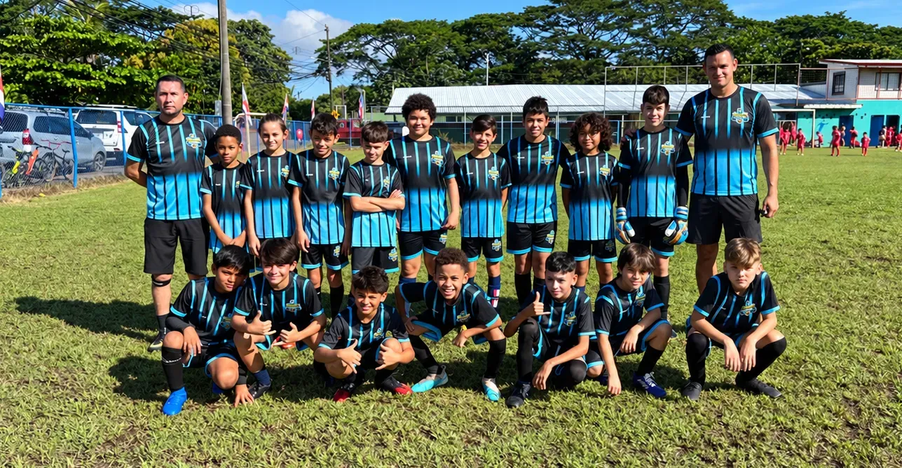 Un equipo de AFAG posa en la cancha con uniforme de franjas navy y celeste, junto a dos entrenadores
